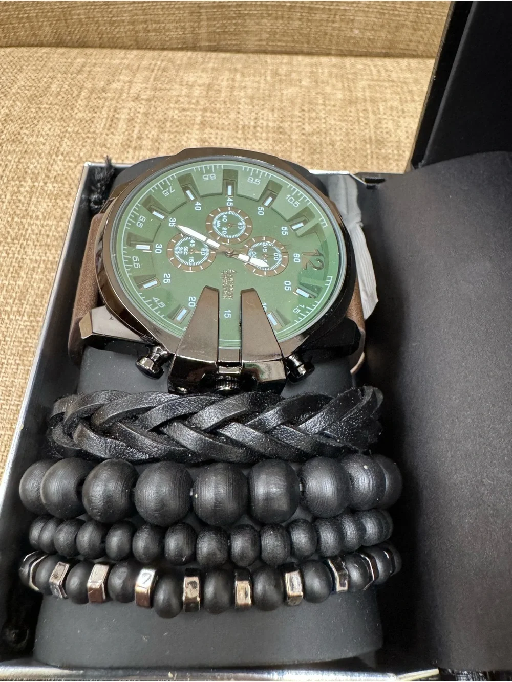 American Exchange Men's Wristwatch & Bracelet Set Green Dial Brown Leather Strap